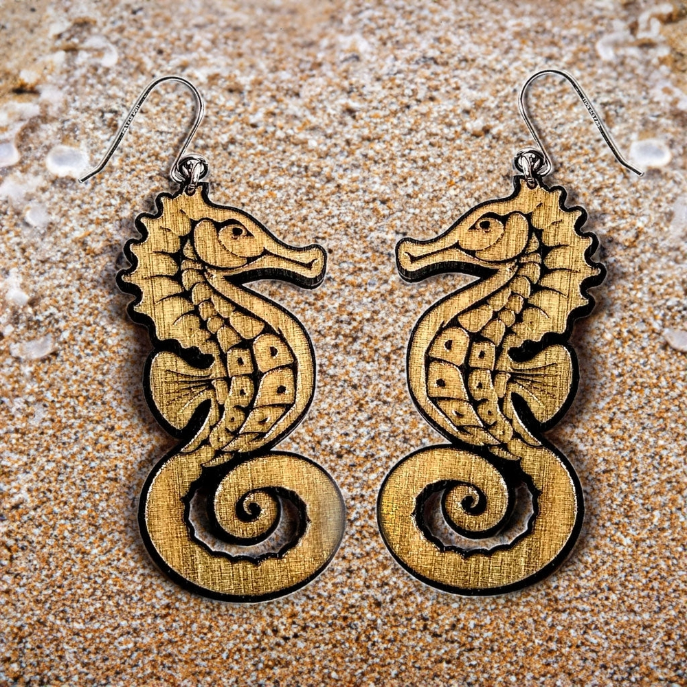 Enchanted sea horse wood earrings, sterling silver bohemian